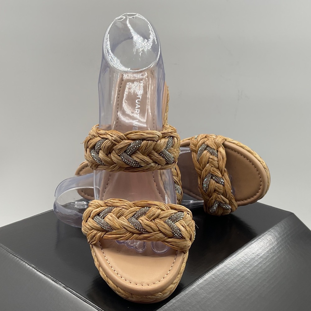 Stuart Weitzman Braided Raffia Crystal Wedge Sandals Natural Tan Women Size 8 - Picture 3 of 14
